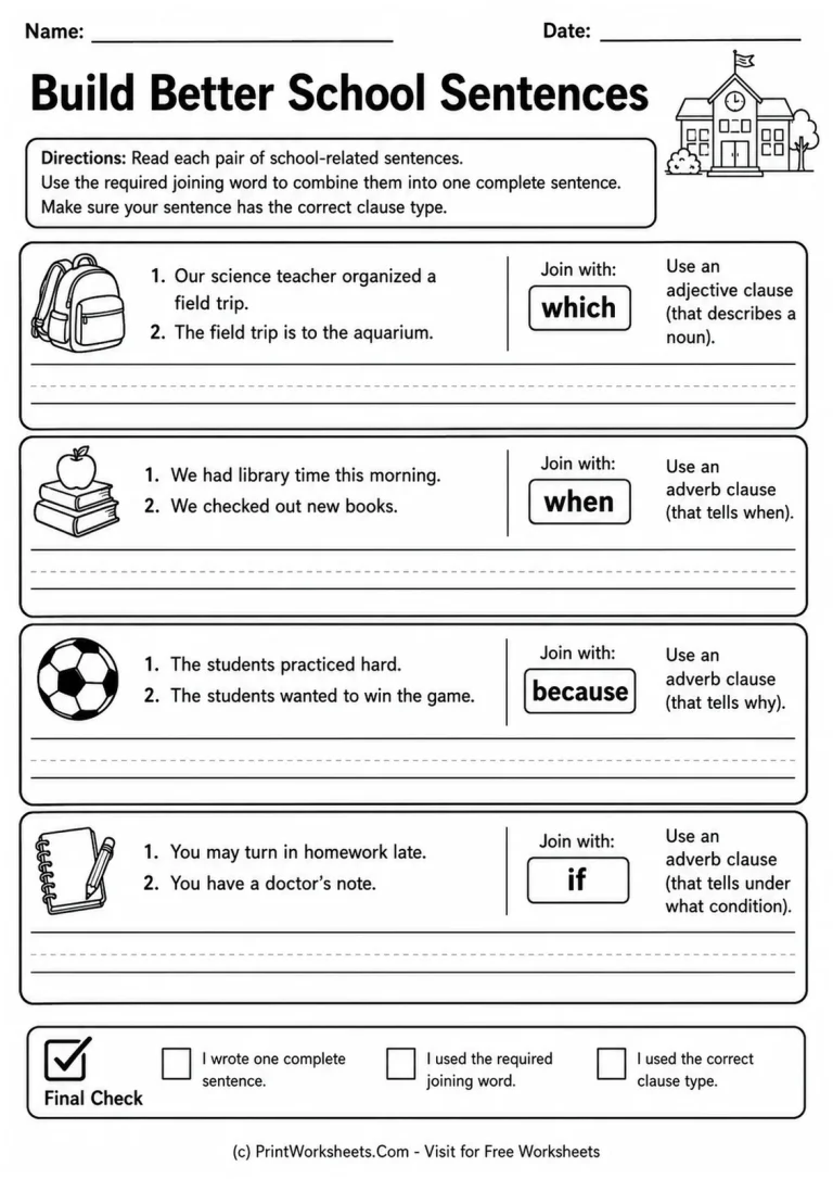 Build Better School Sentences printable worksheet