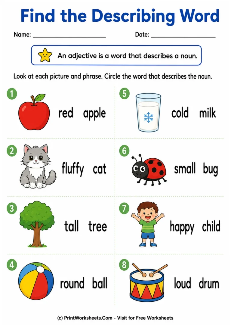 Find the Describing Word printable worksheet