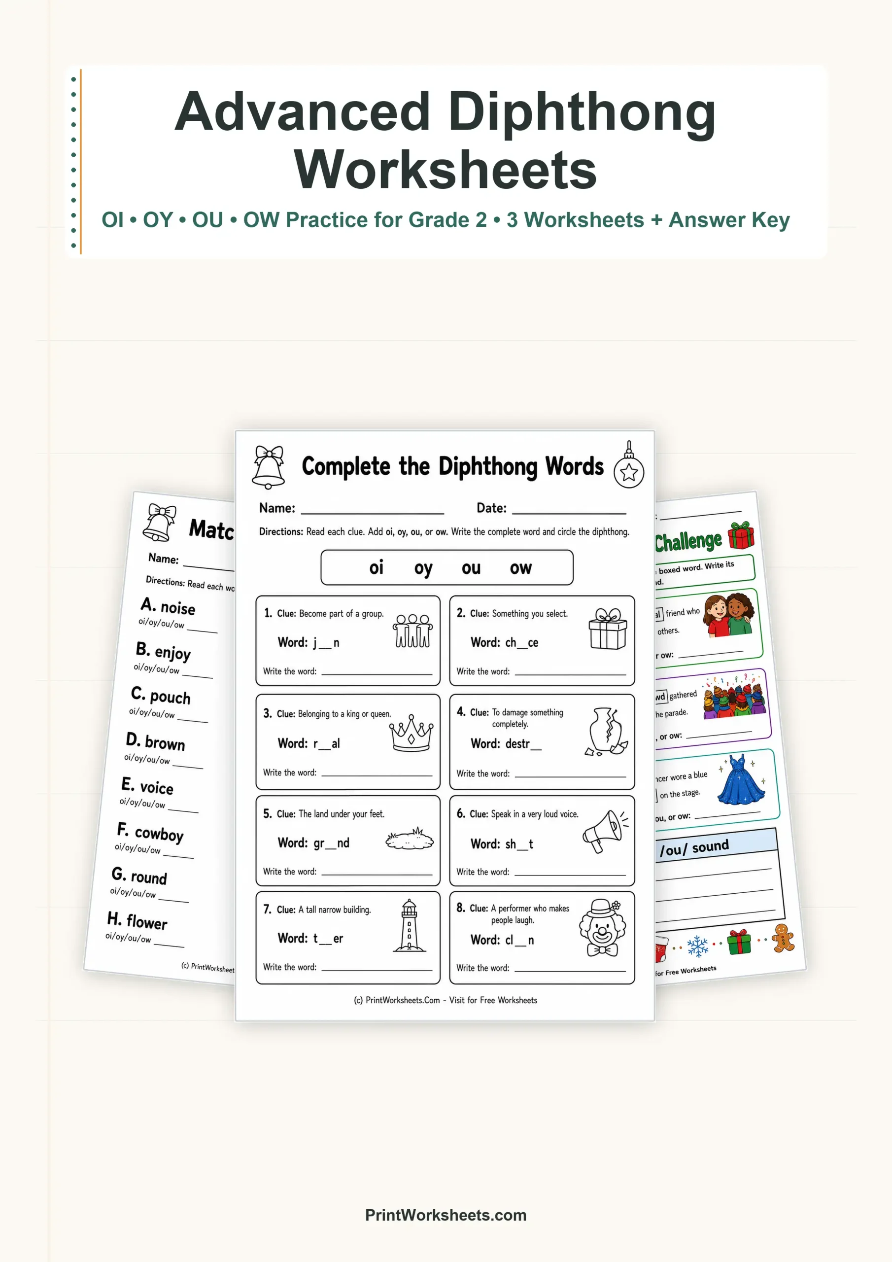 Phonics Worksheets Worksheet - Advanced Diphthong Word Sorts Worksheets for Grade 2 – Free Printable PDF | Free Printable