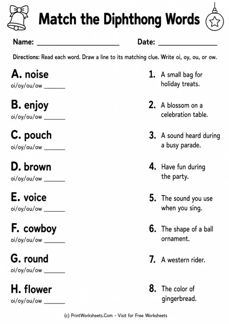 Match the Diphthong Words printable worksheet