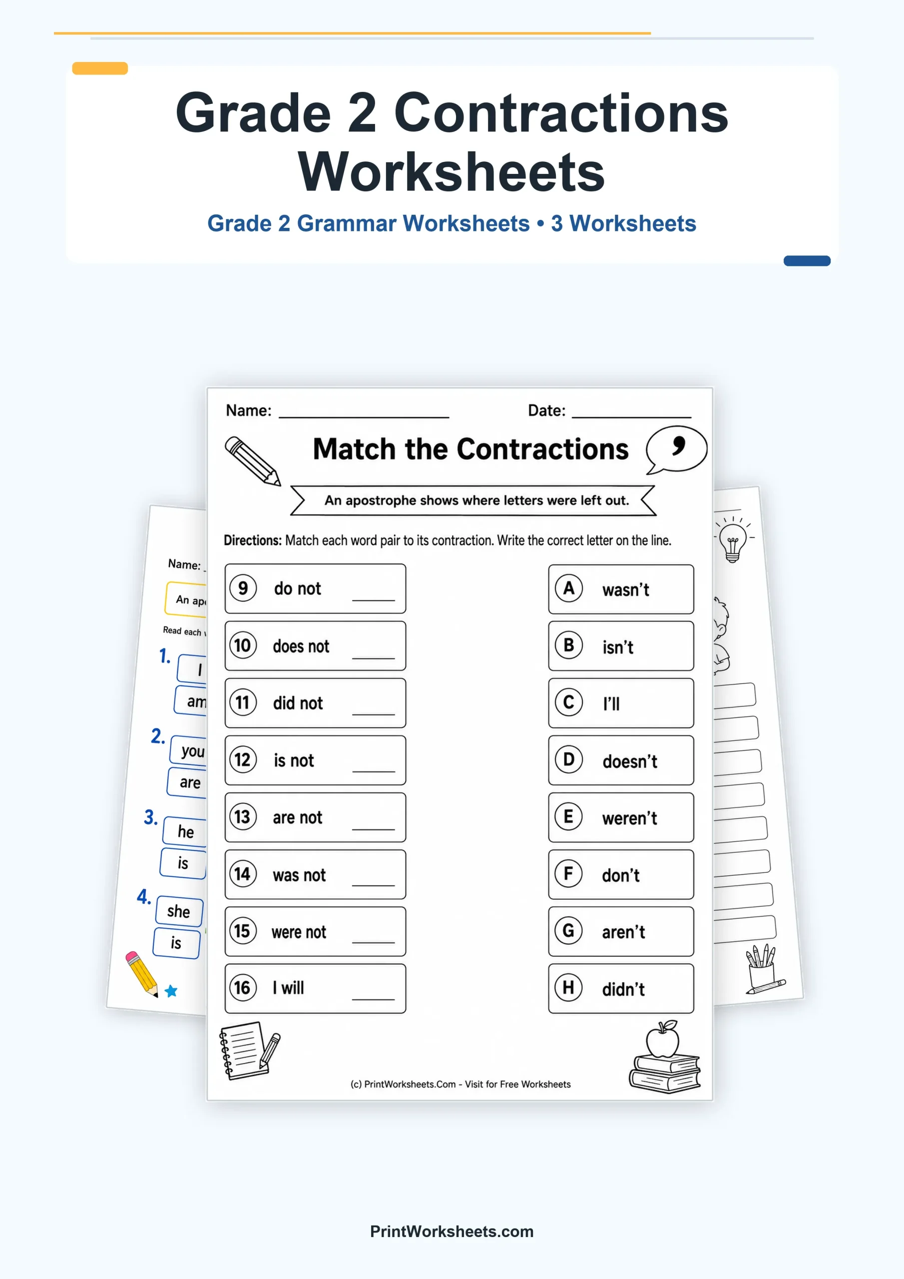 Grammar Worksheets Worksheet - Apostrophes in Contractions Worksheets for Grade 2 – Free Printable PDF | Free Printable