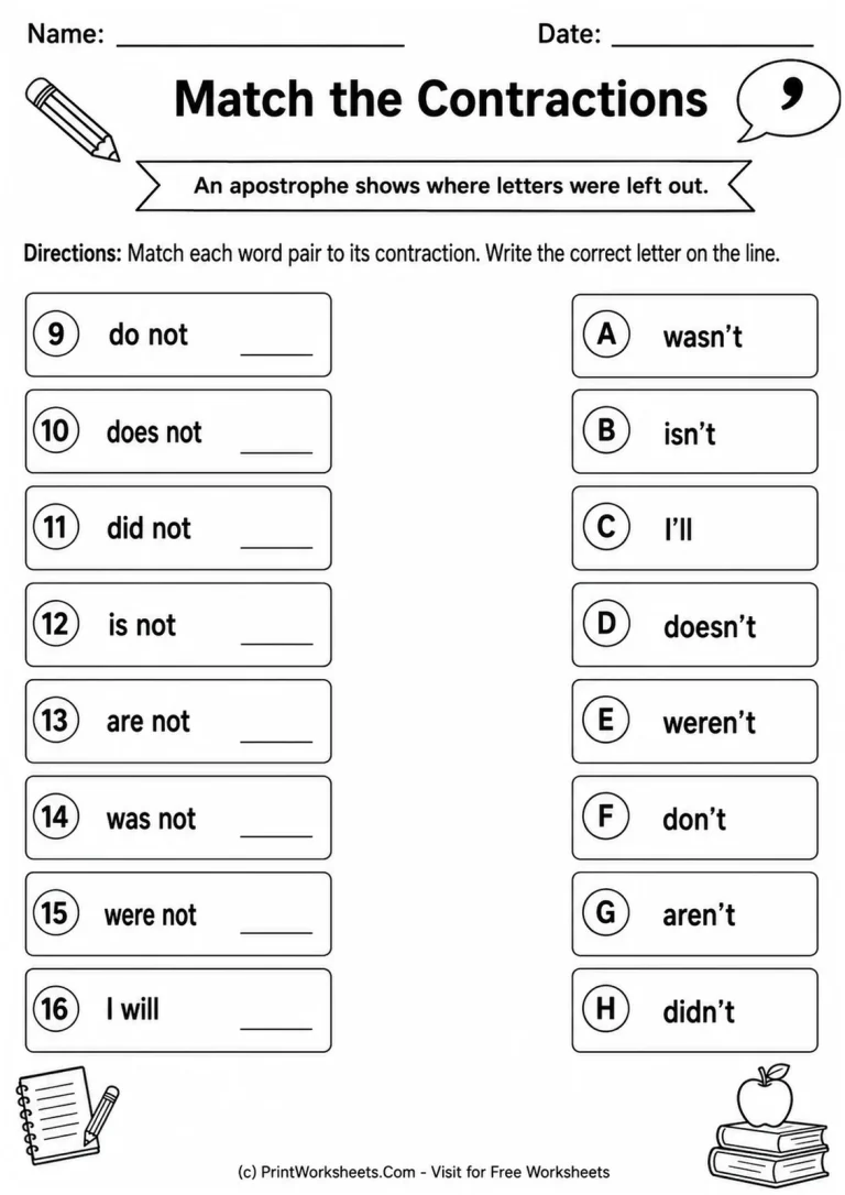 Match the Contractions Match the Contractions printable worksheet