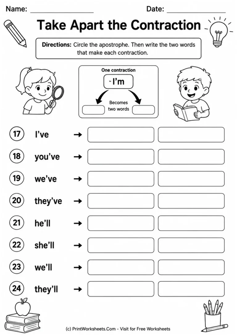 Take Apart the Contraction Take Apart the Contraction printable worksheet
