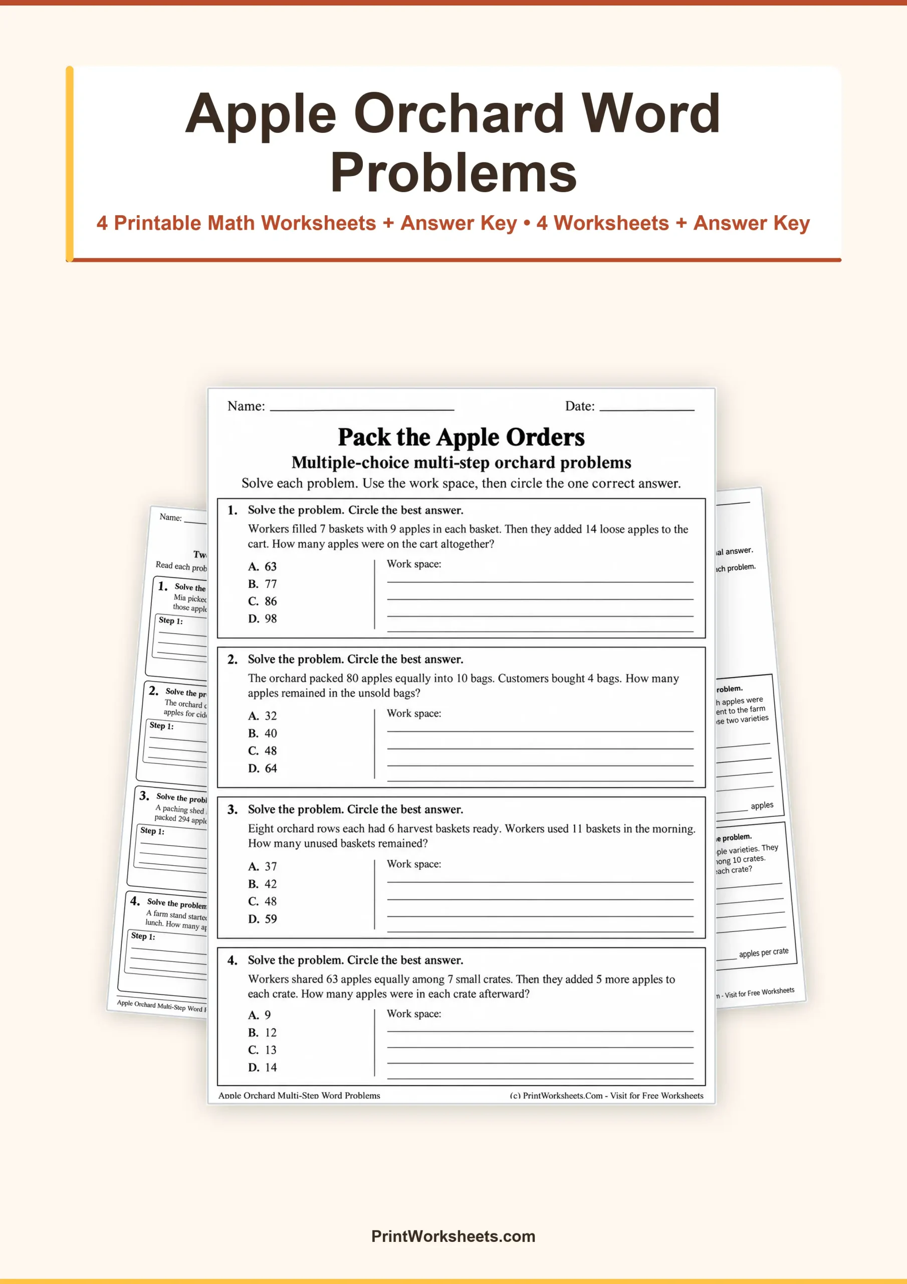 Word Problems Worksheet - Apple Orchard Multi-Step Word Problems Worksheets – Free Printable PDF | Free Printable