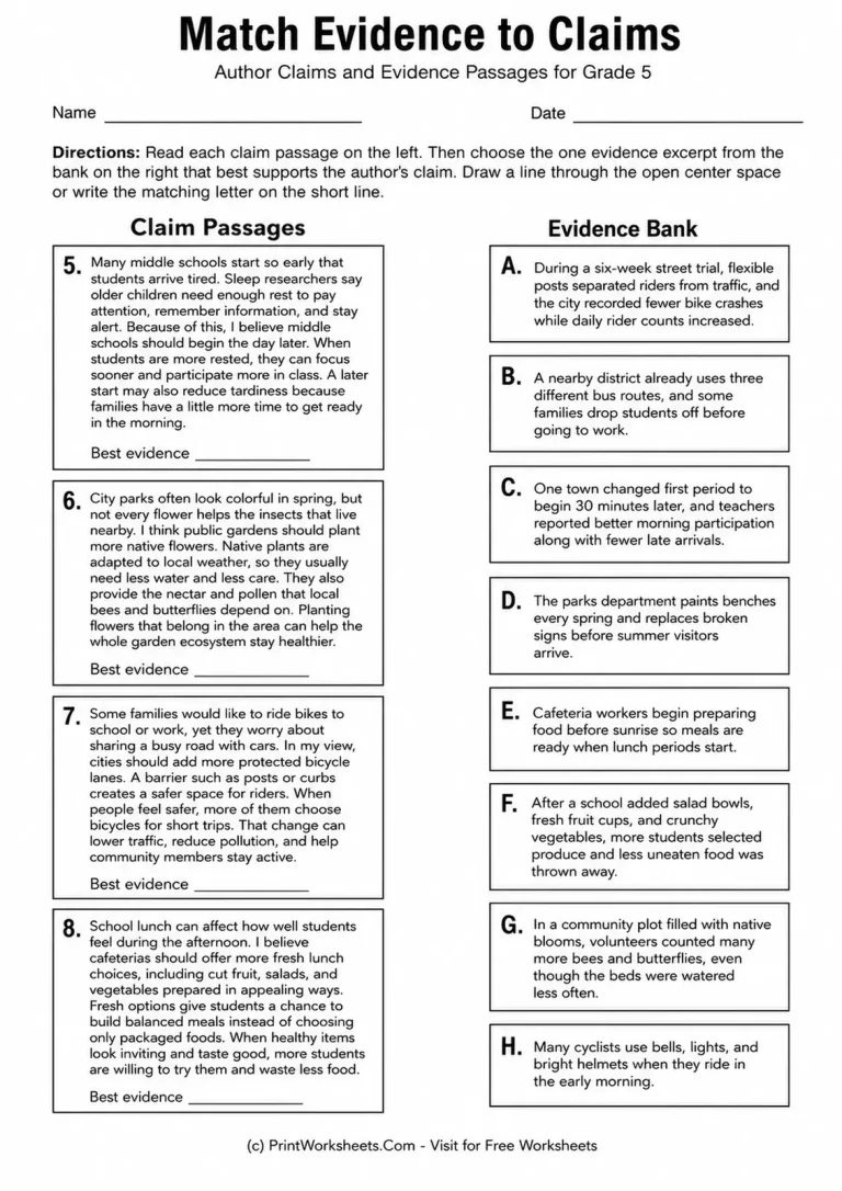 Match Evidence to Claims printable worksheet