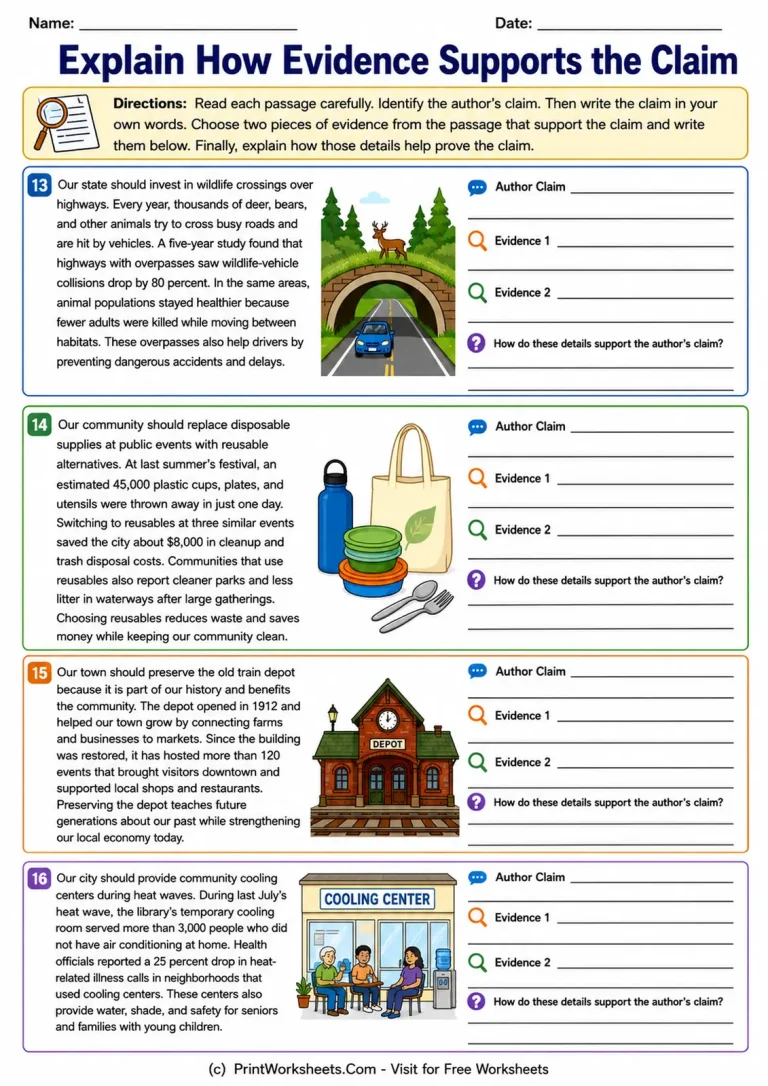 Explain How Evidence Supports the Claim printable worksheet