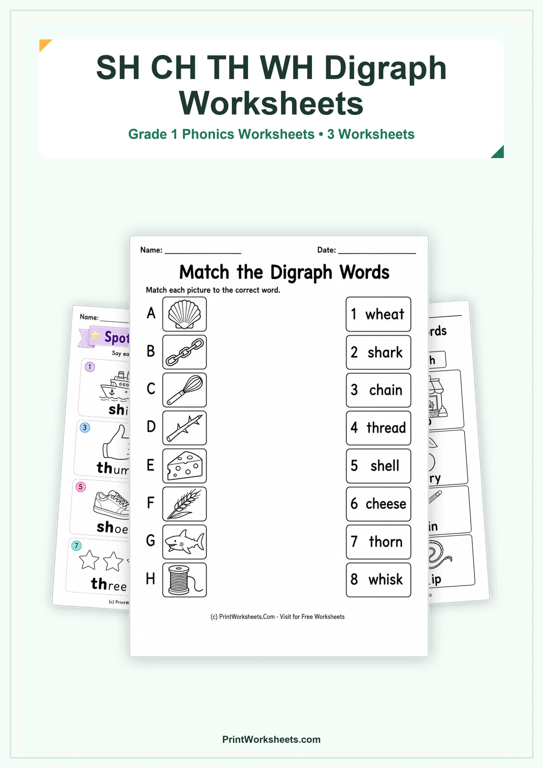 Phonics Worksheets Worksheet - Beginning Digraphs SH, CH, TH and WH Worksheets for Grade 1 – Free Printable PDF | Free Printable