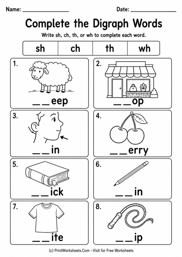 Complete the Digraph Words Complete the Digraph Words printable worksheet