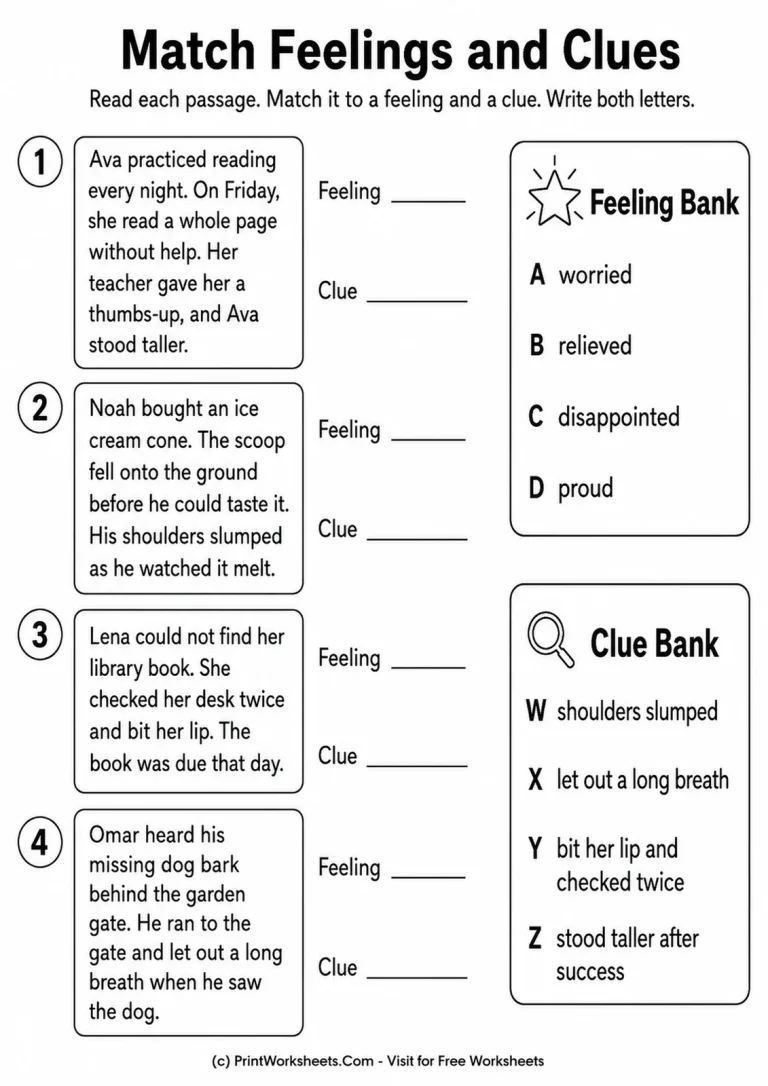 Match Feelings and Clues printable worksheet