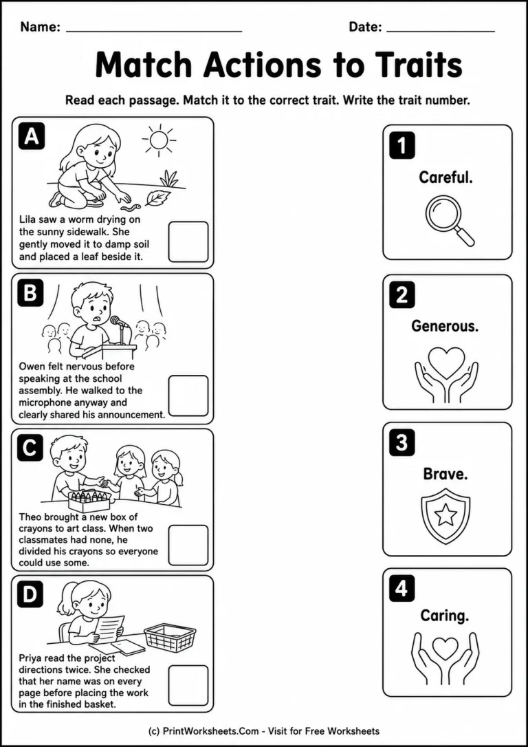 Match Actions to Traits printable worksheet