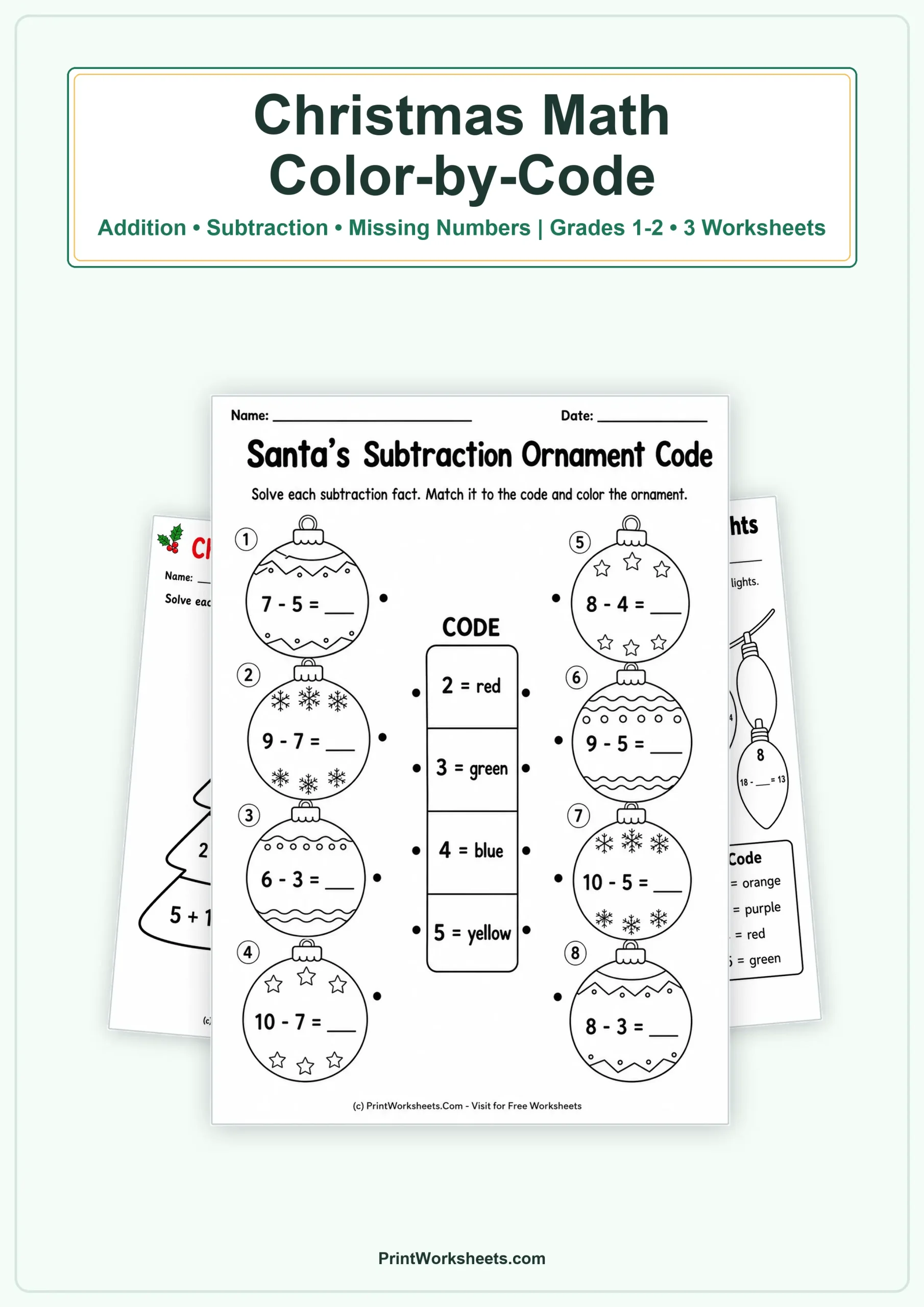 Christmas Worksheets Worksheet - Christmas Color by Code Math Worksheets for Grades 1-2 – Free Printable PDF | Free Printable