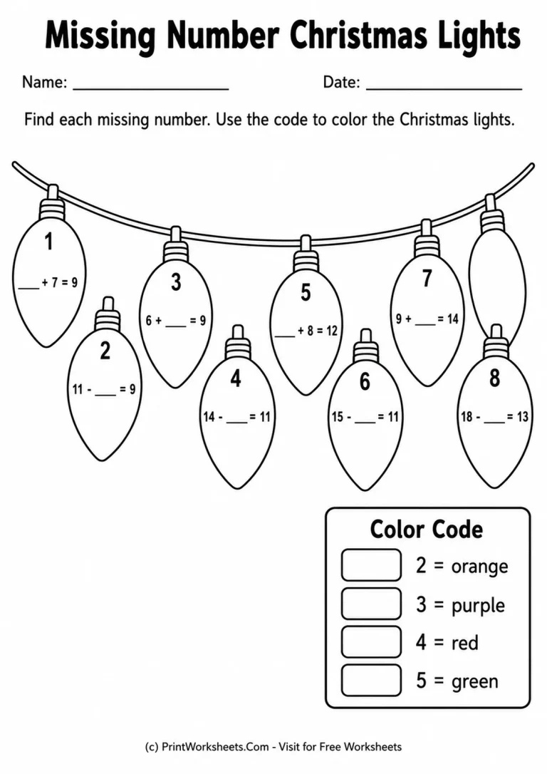 Missing Number Christmas Lights printable worksheet