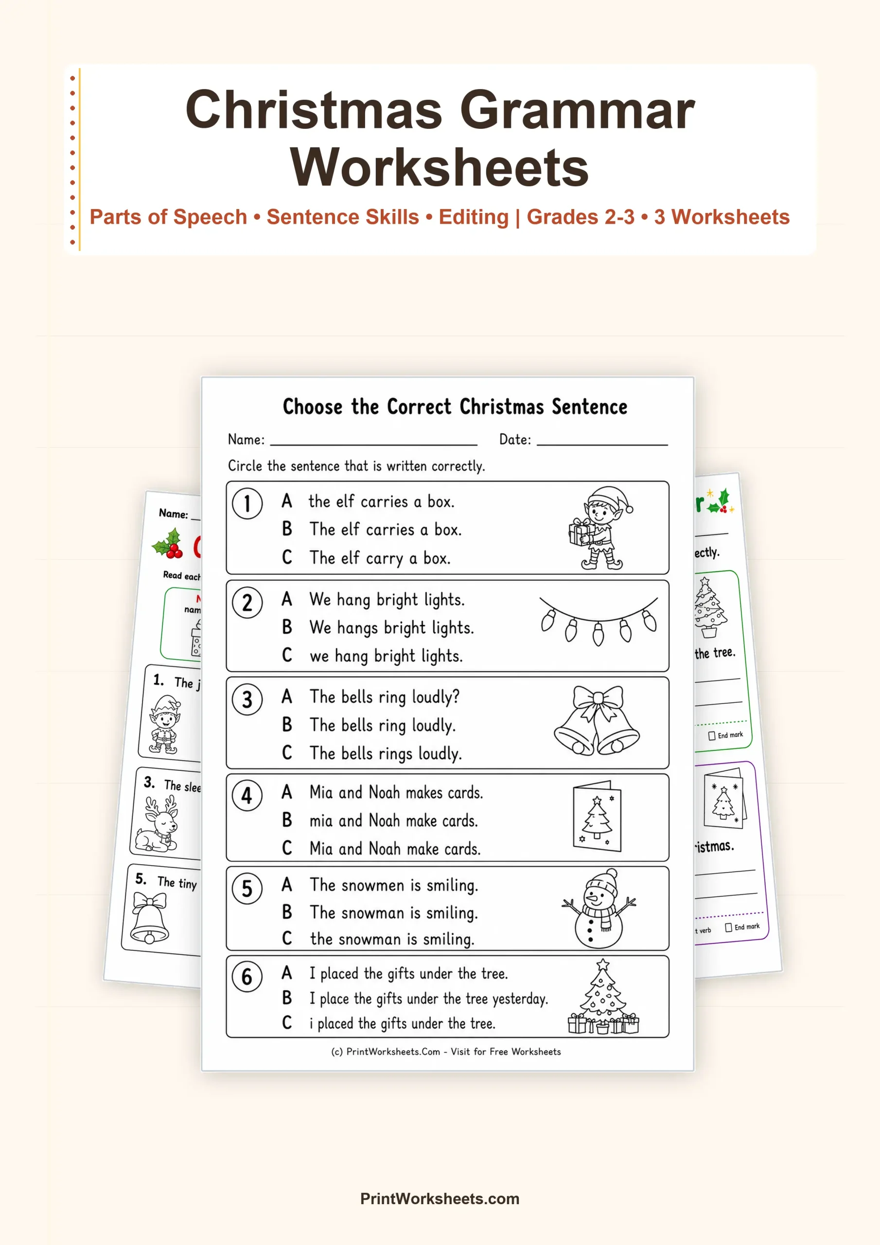Christmas Worksheets Worksheet - Christmas Grammar Worksheets for Grades 2-3 – Free Printable PDF | Free Printable
