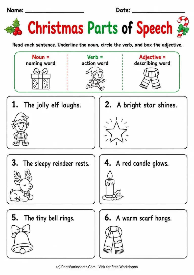 Christmas Parts of Speech printable worksheet