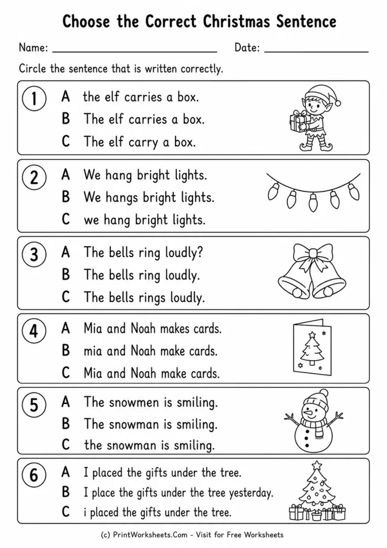 Choose the Correct Christmas Sentence printable worksheet