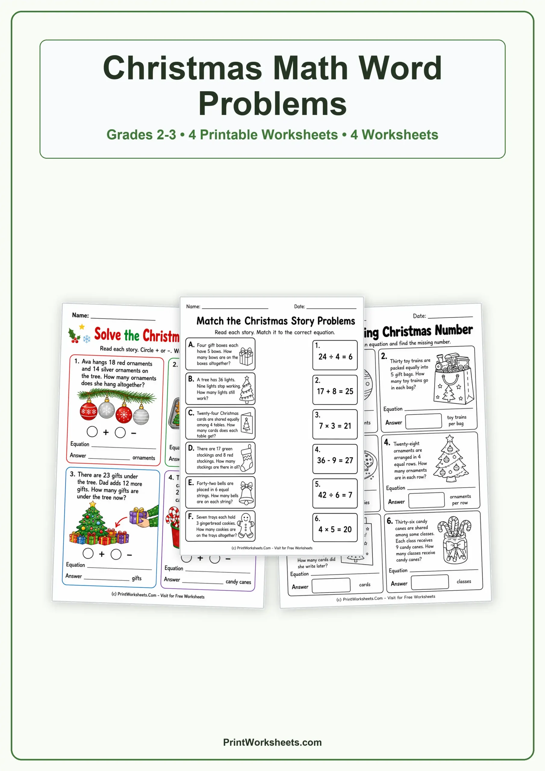 Christmas Worksheets Worksheet - Christmas Math Word Problems Worksheets for Grades 2-3 – Free Printable PDF | Free Printable