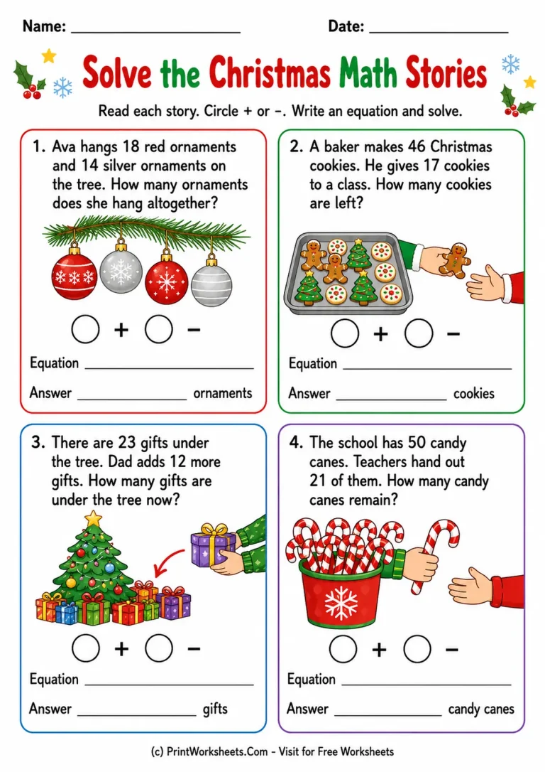 Solve the Christmas Math Stories printable worksheet