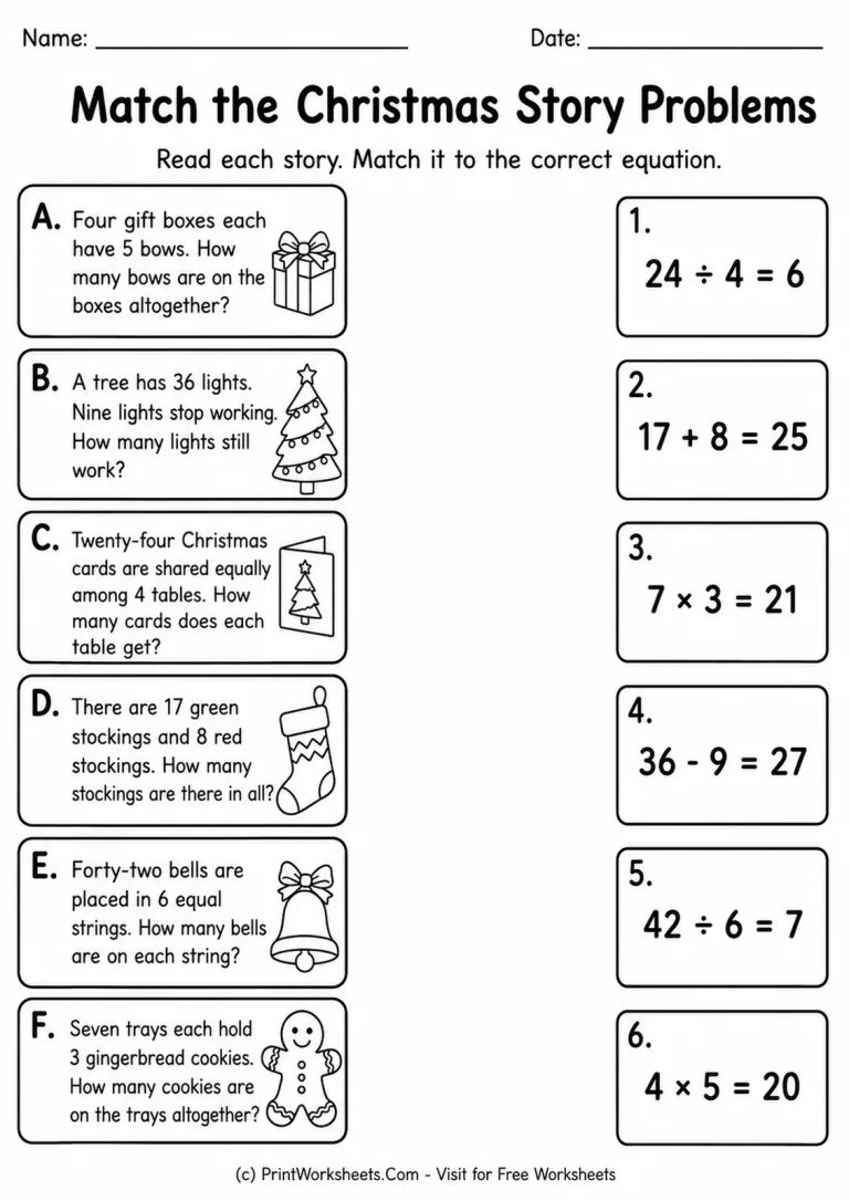 Match the Christmas Story Problems printable worksheet