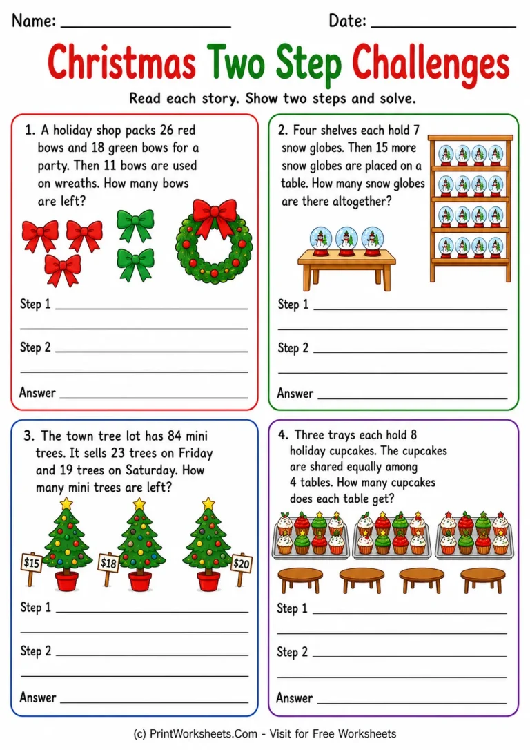 Christmas Two Step Challenges printable worksheet