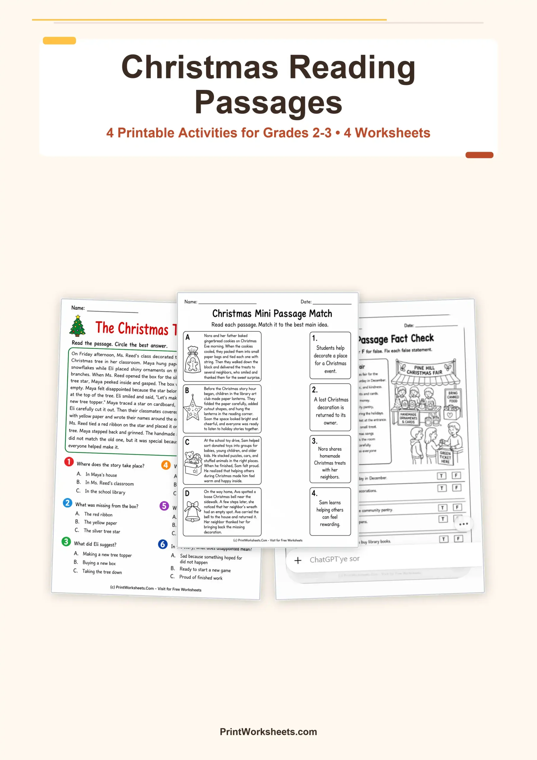 Christmas Worksheets Worksheet - Christmas Reading Comprehension Passages for Grades 2-3 – Free Printable PDF | Free Printable