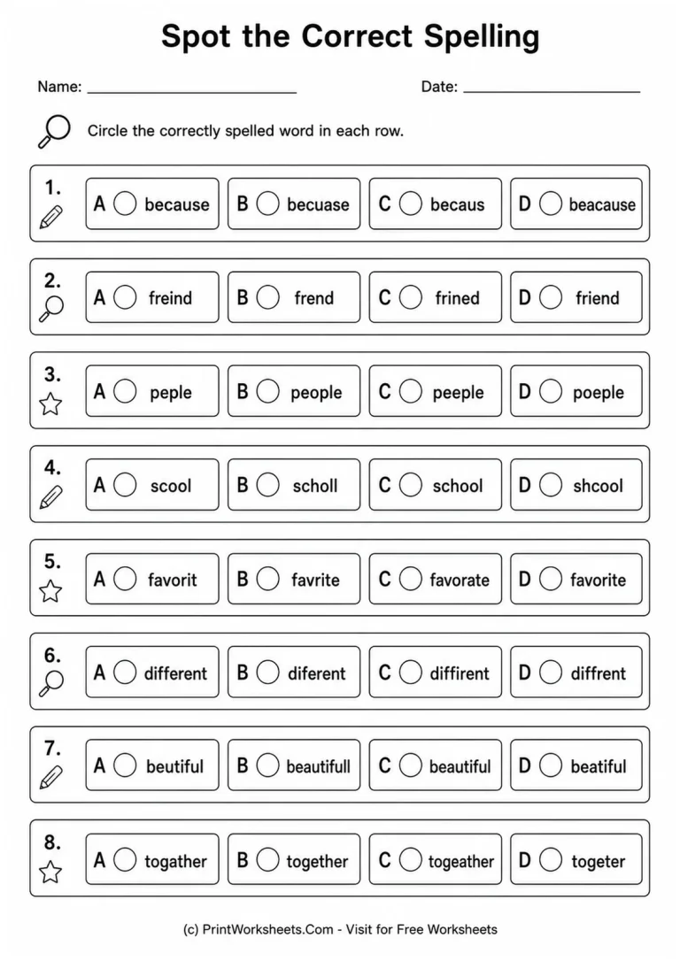 Spot the Correct Spelling Spot the Correct Spelling printable worksheet