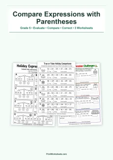 Algebraic Thinking Worksheets Worksheet - Compare Expressions with Parentheses Worksheets for Grade 5 – Free Printable PDF | Free Printable