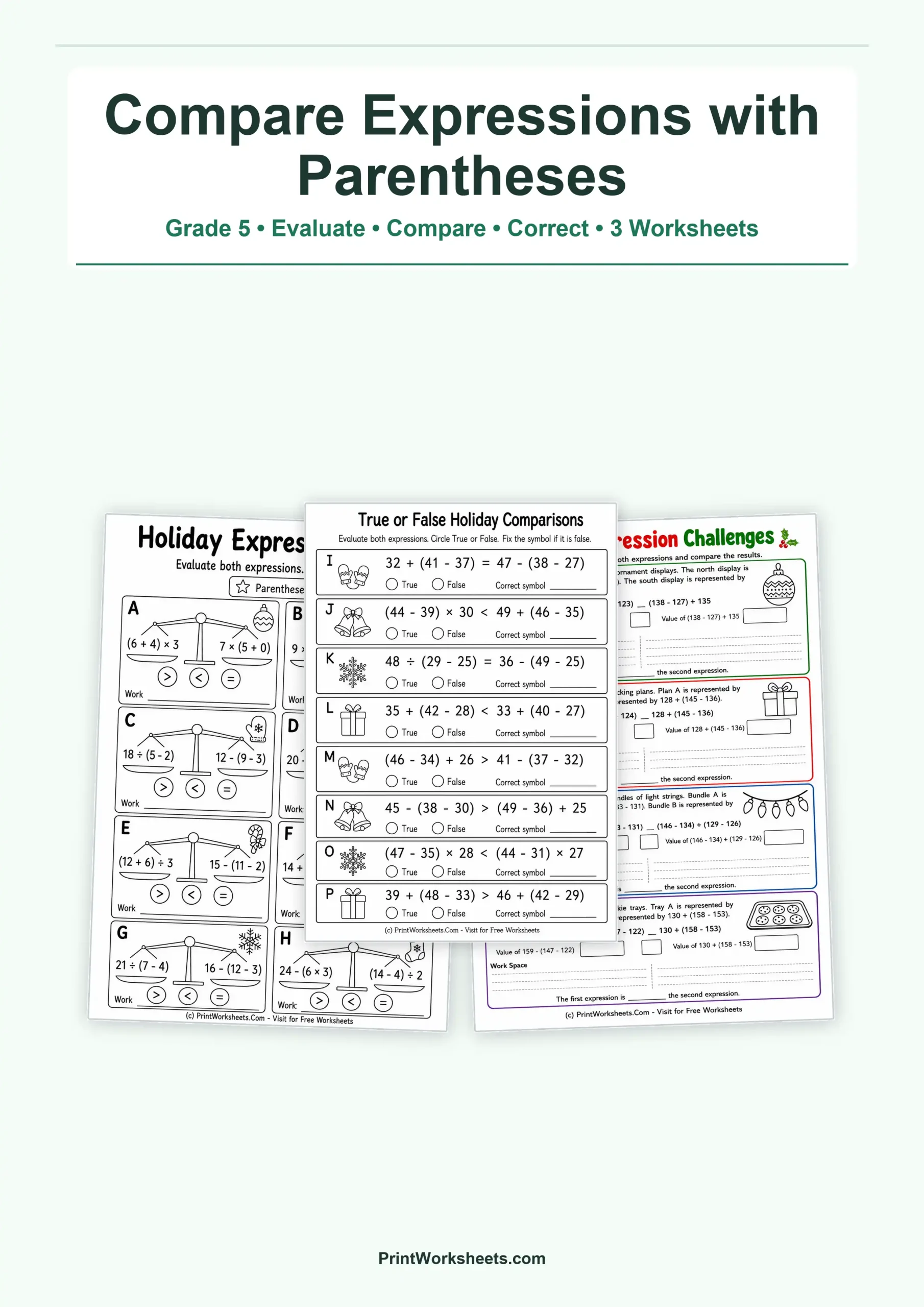 Compare Expressions with Parentheses Worksheets for Grade 5 – Free Printable PDF - Free Printable Worksheet