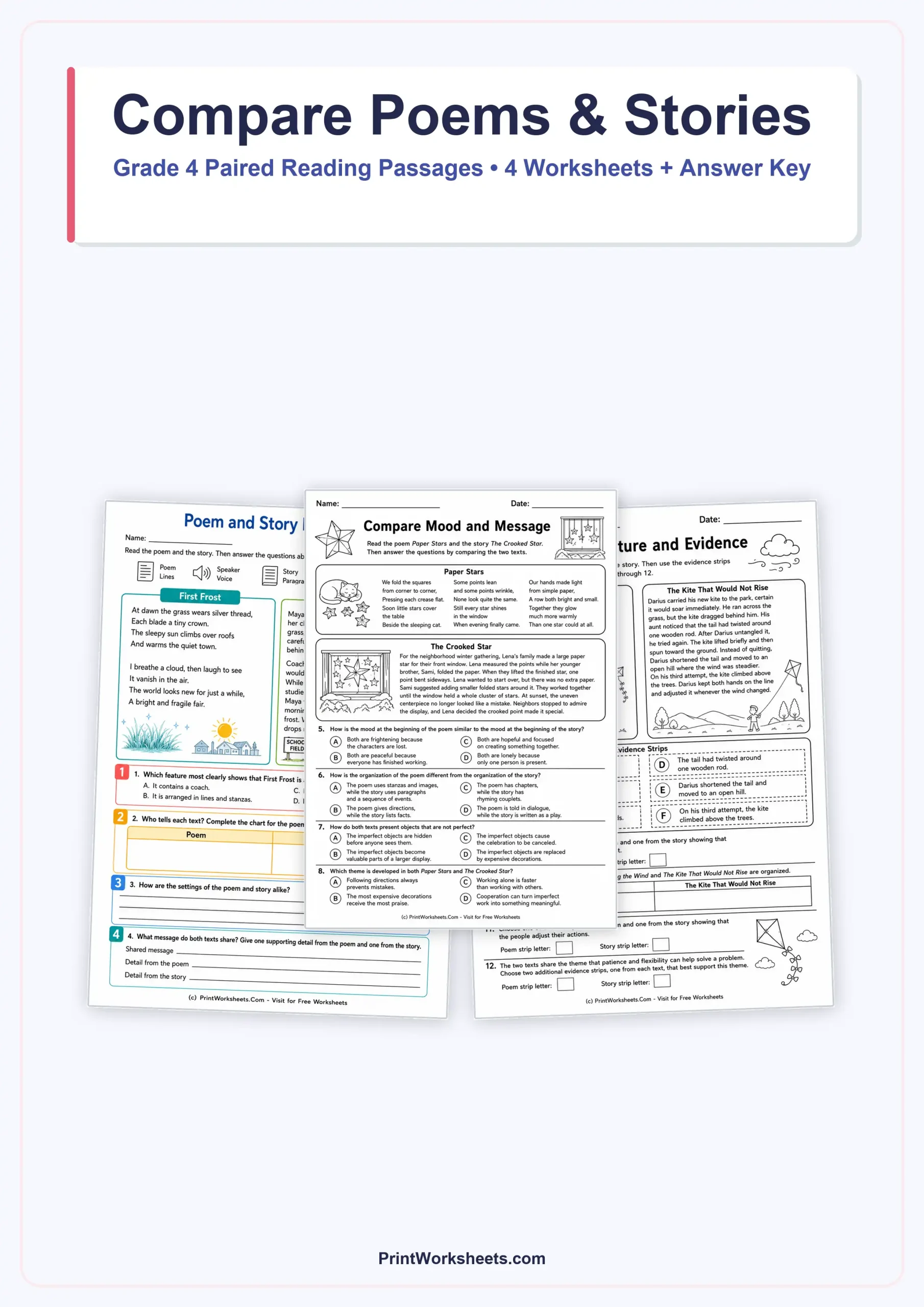 Reading Comprehension Worksheet - Compare Poems and Stories Passages for Grade 4 – Free Printable PDF | Free Printable