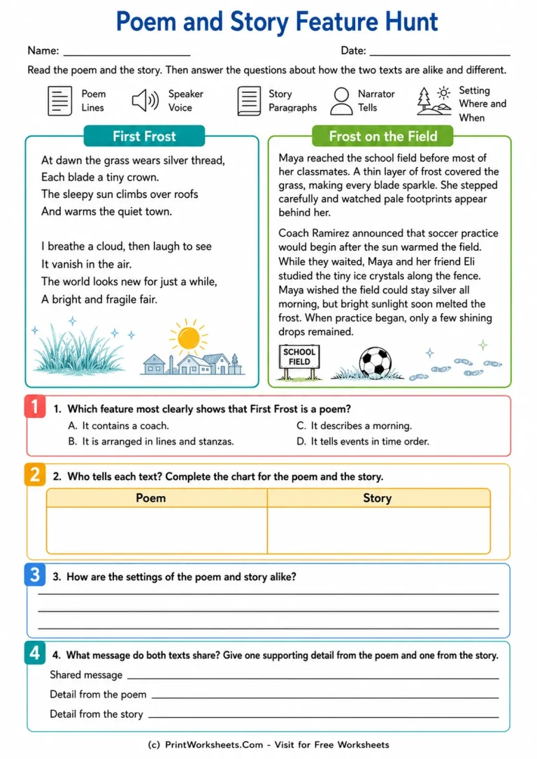 Poem and Story Feature Hunt printable worksheet