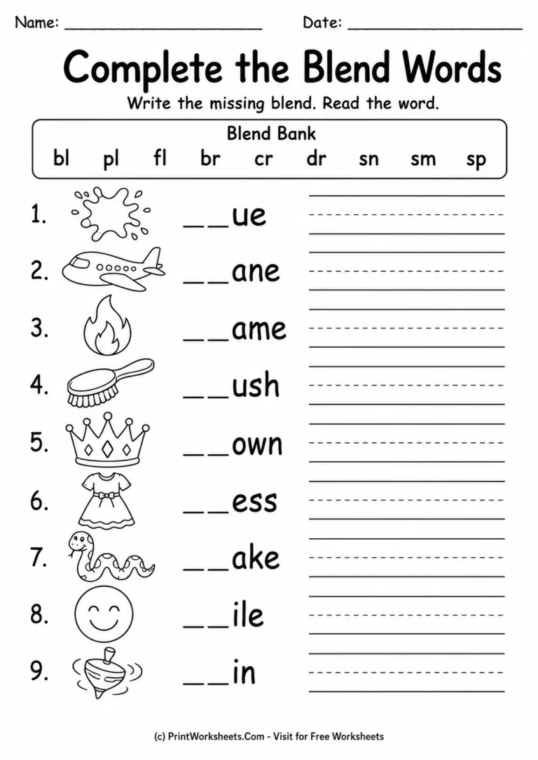 Complete the Blend Words Complete the Blend Words printable worksheet