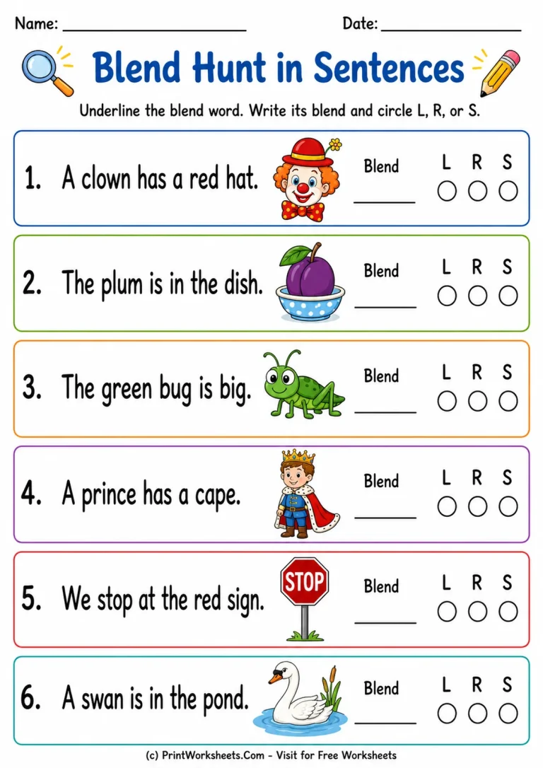 Blend Hunt in Sentences Blend Hunt in Sentences printable worksheet
