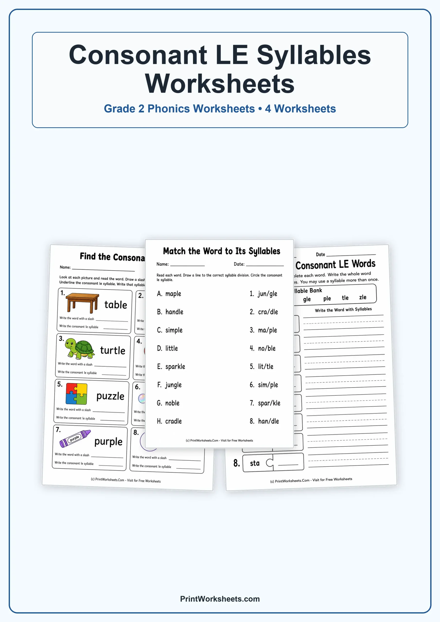 Consonant LE Syllables Worksheets for Grade 2 – Free Printable PDF - Free Printable Worksheet
