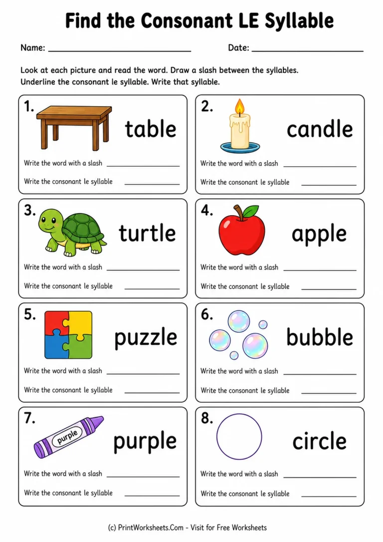 Find the Consonant LE Syllable printable worksheet