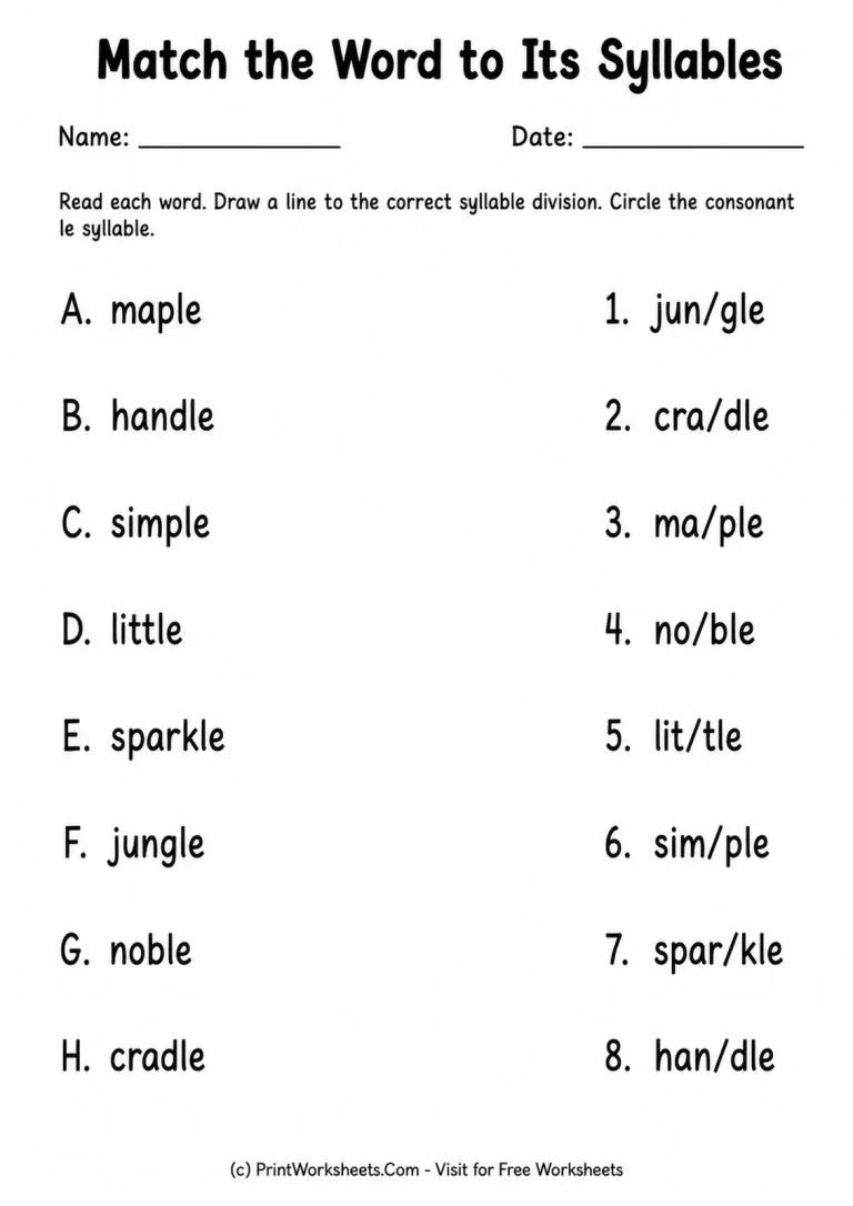 Match the Word to Its Syllables printable worksheet