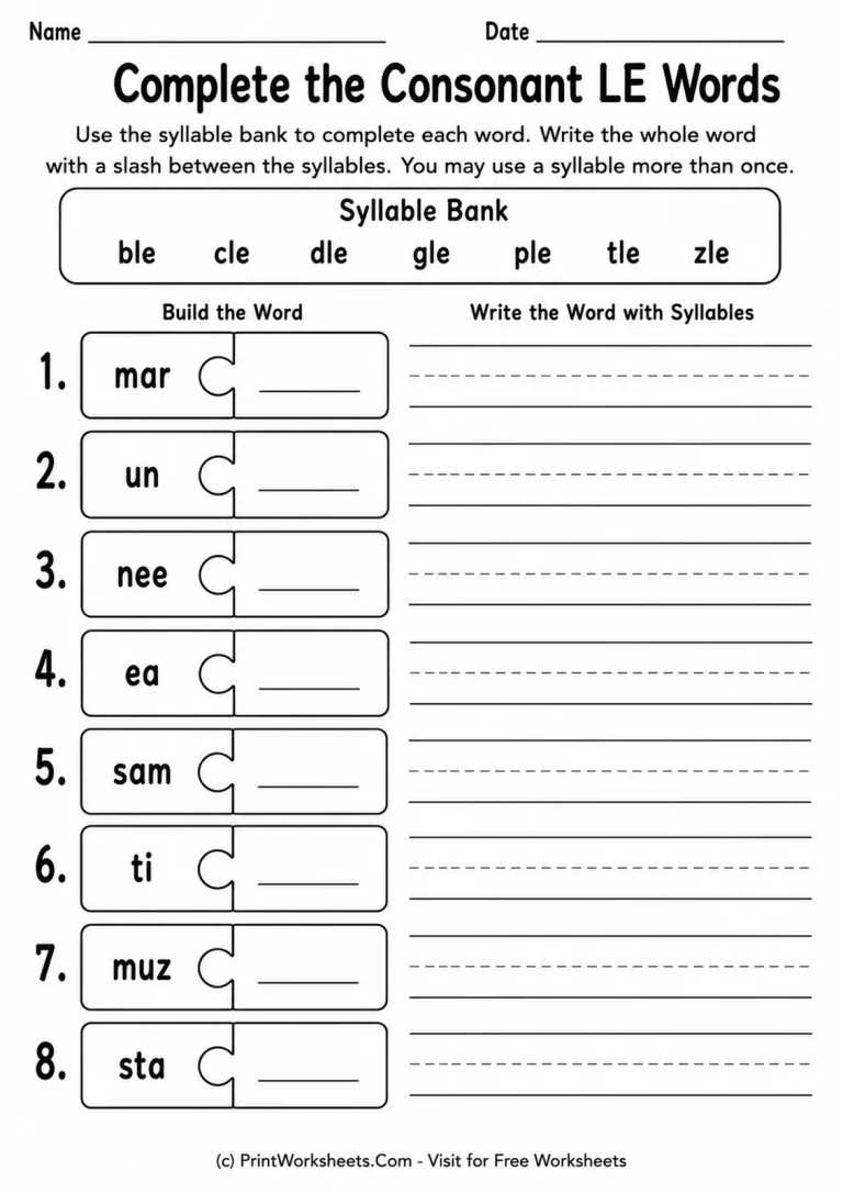 Complete the Consonant LE Words printable worksheet