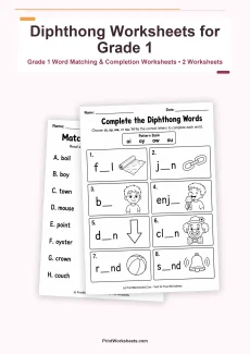 Phonics Worksheets Worksheet - Diphthongs Oi, Oy, Ow, Ou Worksheets for Grade 1 – Free Printable PDF | Free Printable