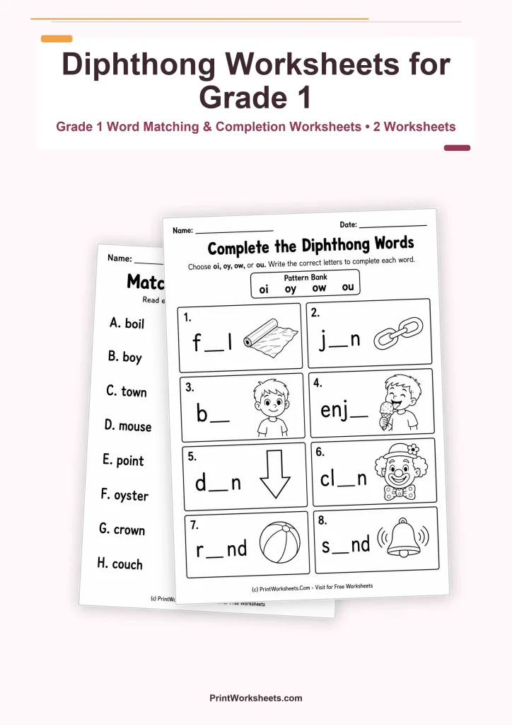 Diphthong Worksheets for Grade 1 – Oi, Oy, Ow, Ou PDF