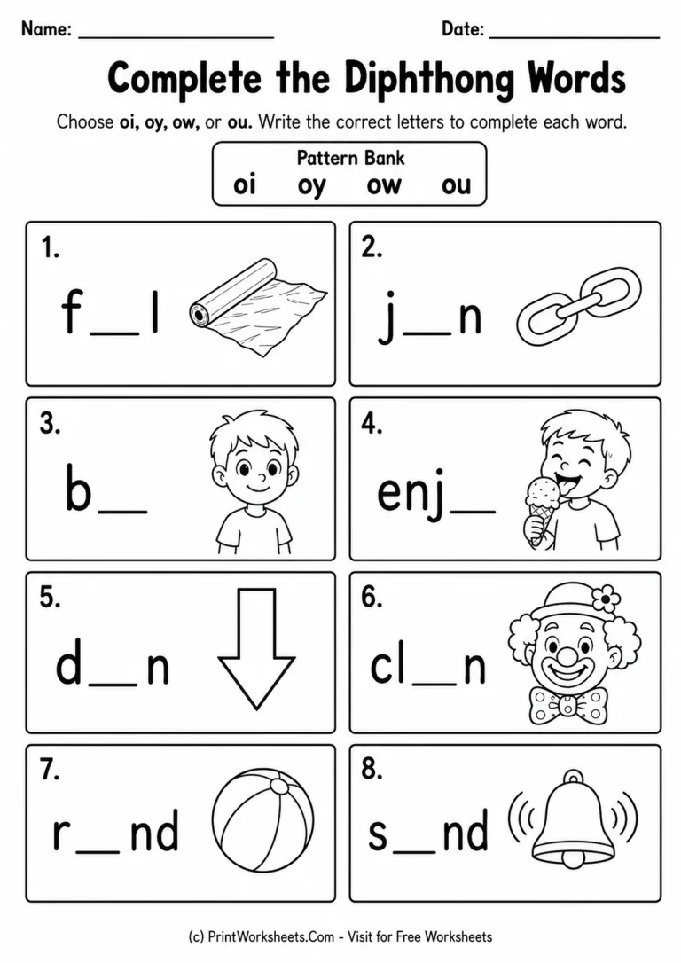 Complete the Diphthong Words Complete the Diphthong Words printable worksheet