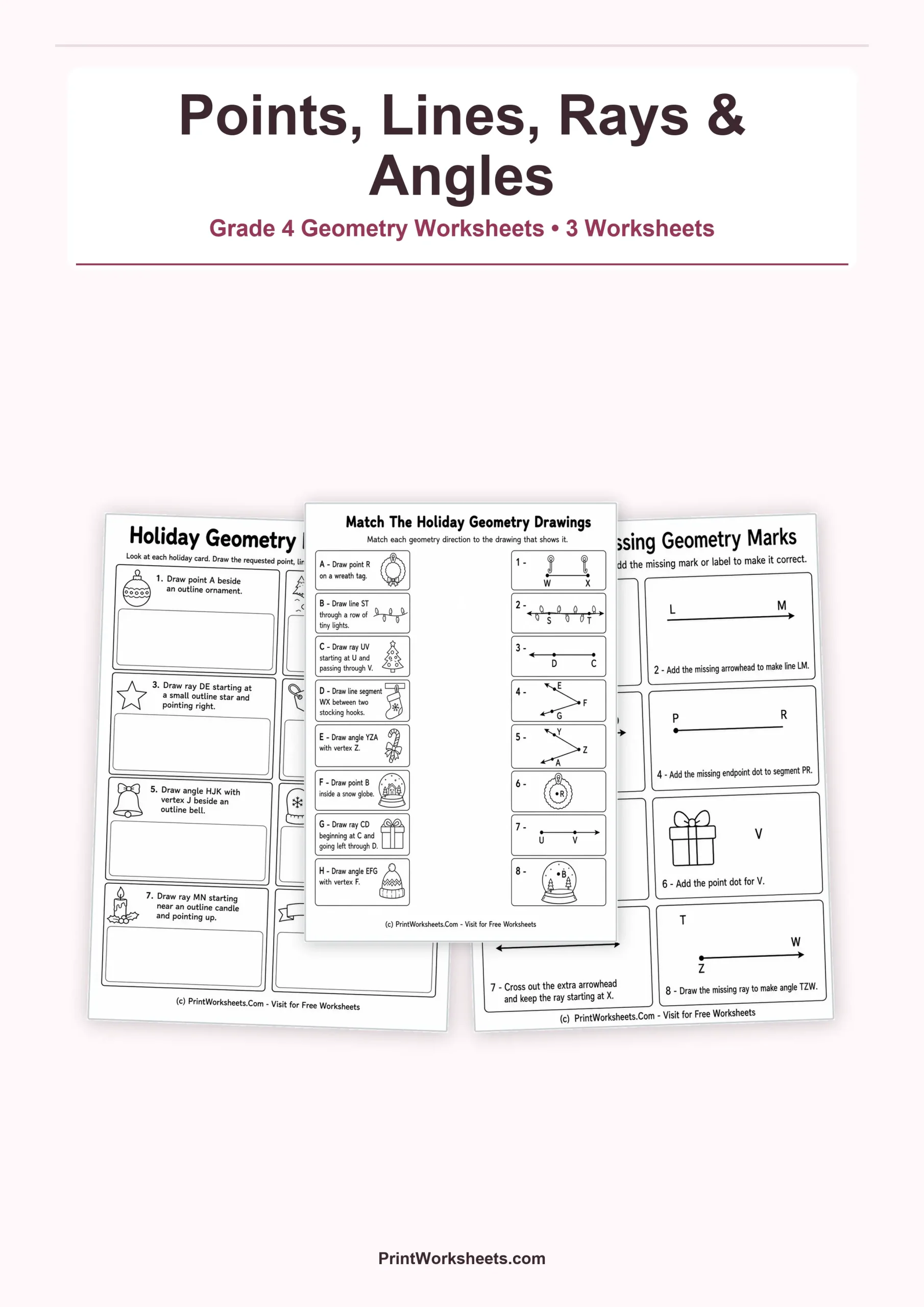Geometry Worksheets Worksheet - Draw Points, Lines, Rays and Angles Worksheets for Grade 4 | Free Printable