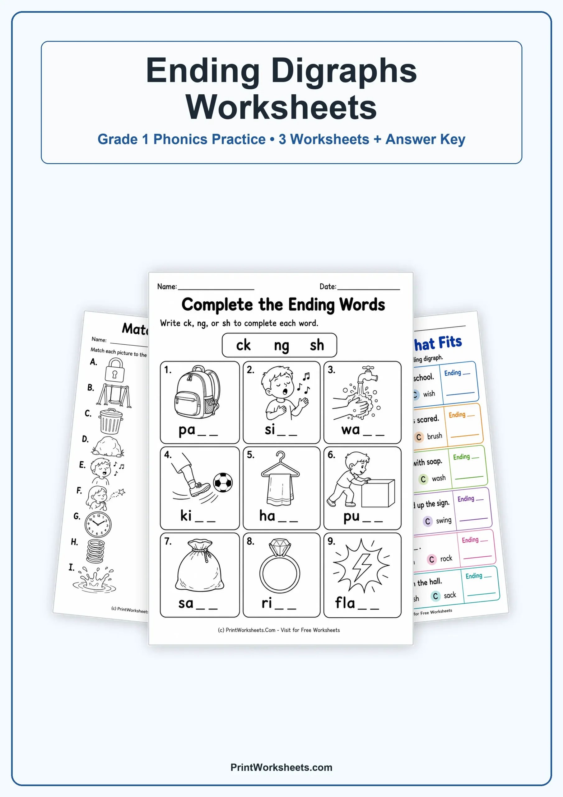 Ending Digraphs CK, NG and SH Worksheets for Grade 1 – Free Printable PDF - Free Printable Worksheet