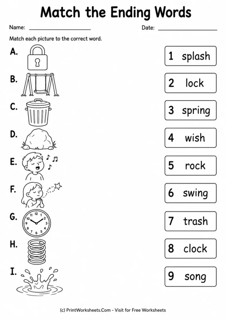 Match the Ending Words Match the Ending Words printable worksheet