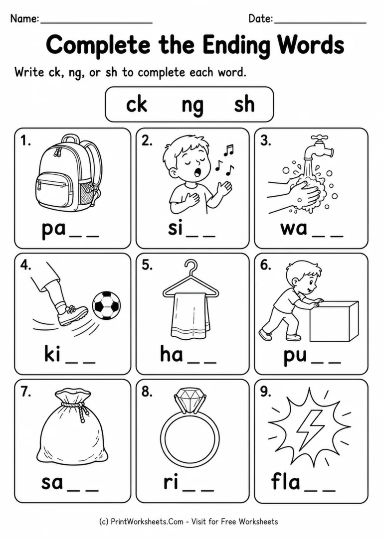 Complete the Ending Words Complete the Ending Words printable worksheet