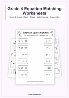 Algebraic Thinking Worksheets Worksheet - Equation Matching with Variables Worksheets for Grade 4 – Free Printable PDF | Free Printable