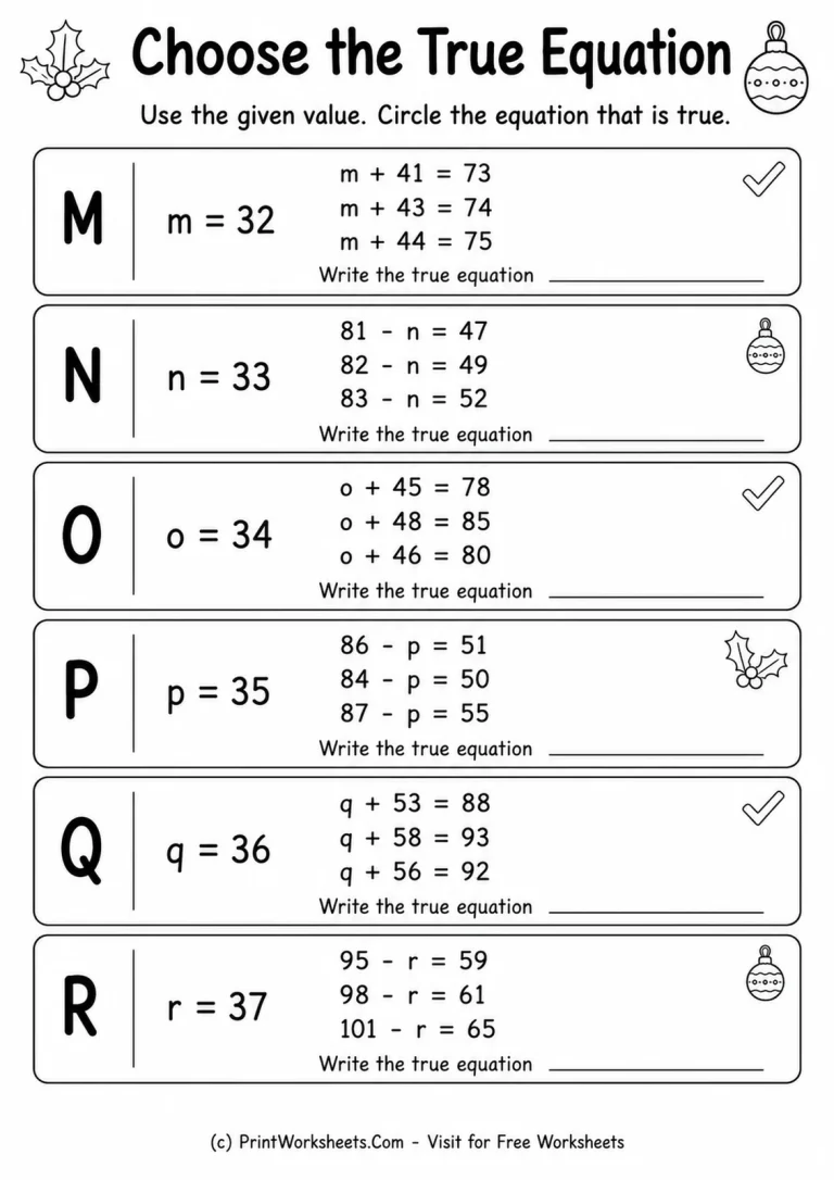 Choose the True Equation Choose the True Equation printable worksheet