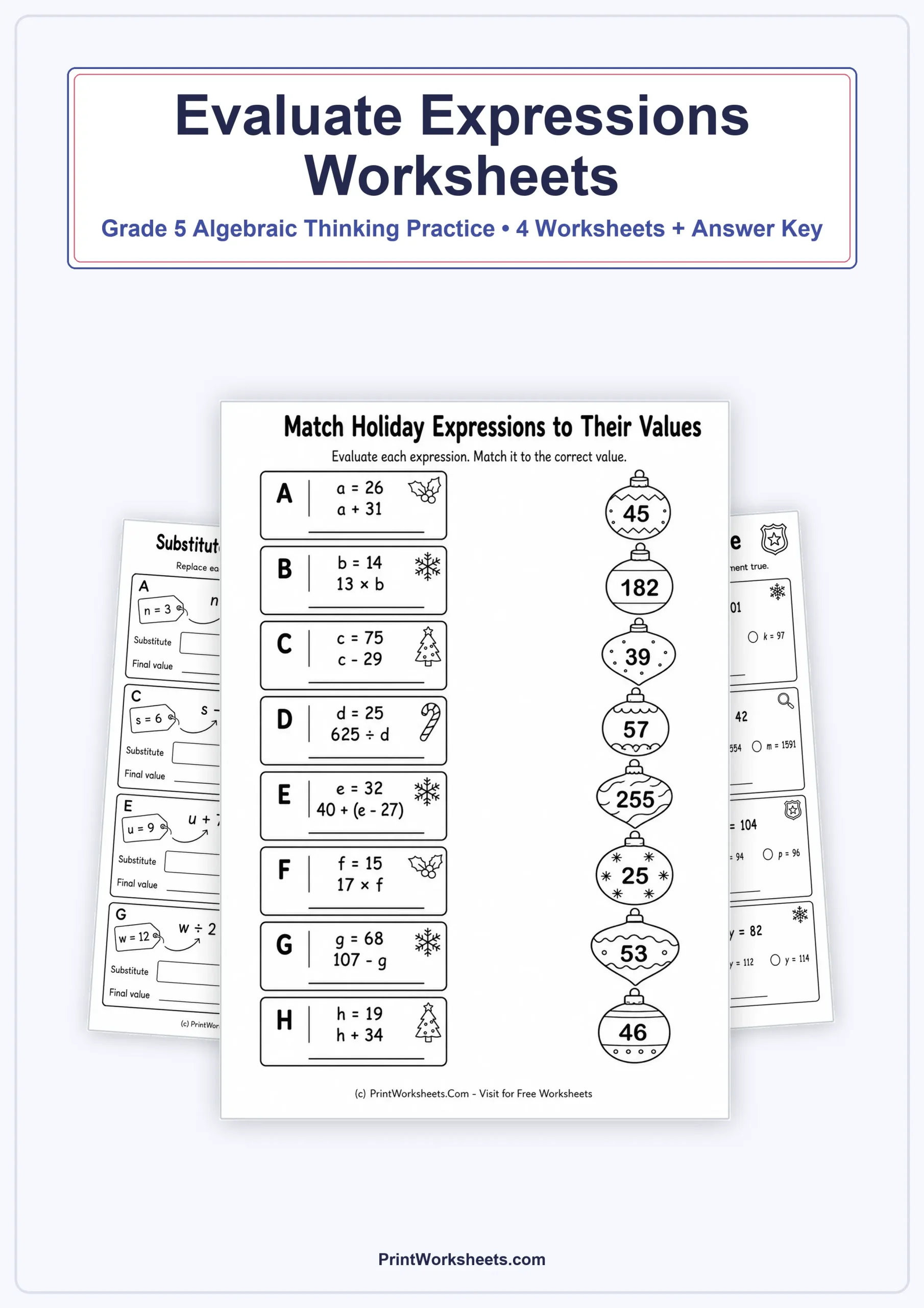 Algebraic Thinking Worksheets Worksheet - Evaluate Expressions with Variables Worksheets for Grade 5 – Free Printable PDF | Free Printable