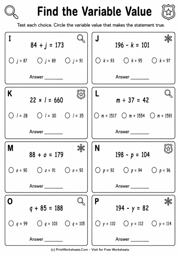Find the Variable Value Find the Variable Value printable worksheet