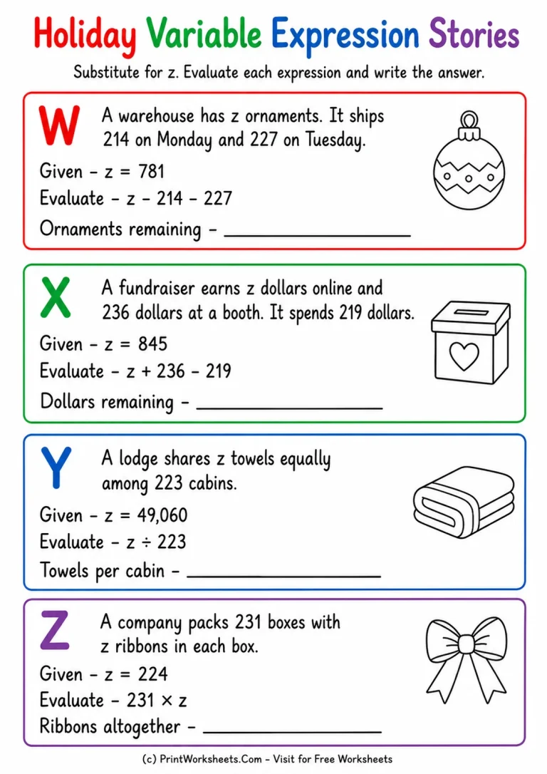 Holiday Variable Expression Stories Holiday Variable Expression Stories printable worksheet