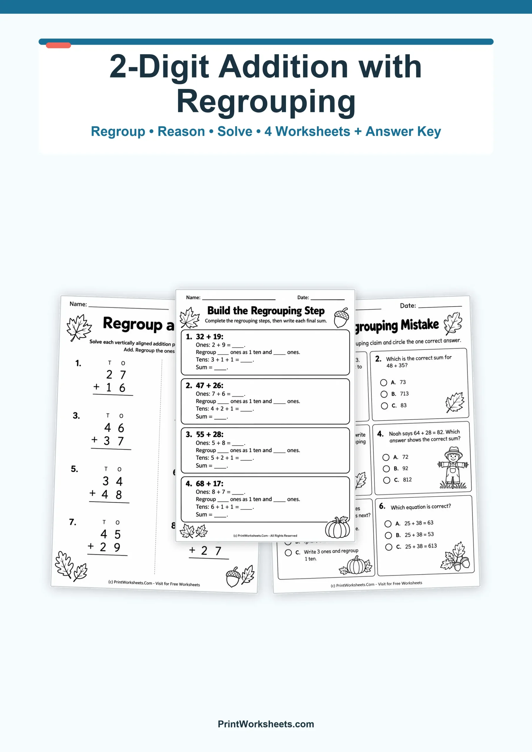 Double Digit Addition Worksheet - Fall 2-Digit Addition with Regrouping Worksheets for 2nd Grade | Free Printable