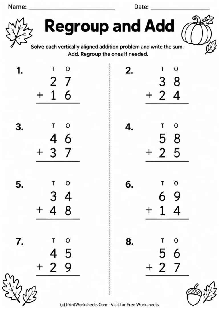 Regroup and Add Regroup and Add printable worksheet