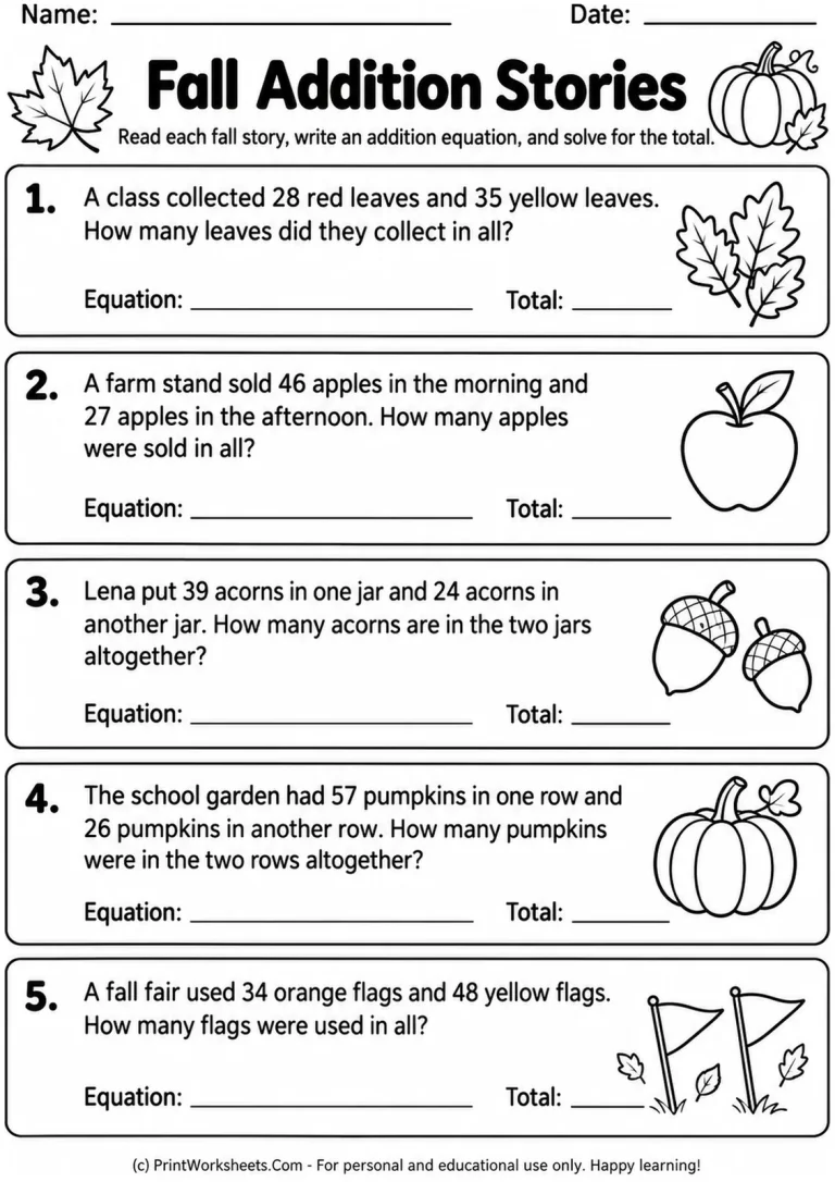 Fall Addition Stories Fall Addition Stories printable worksheet